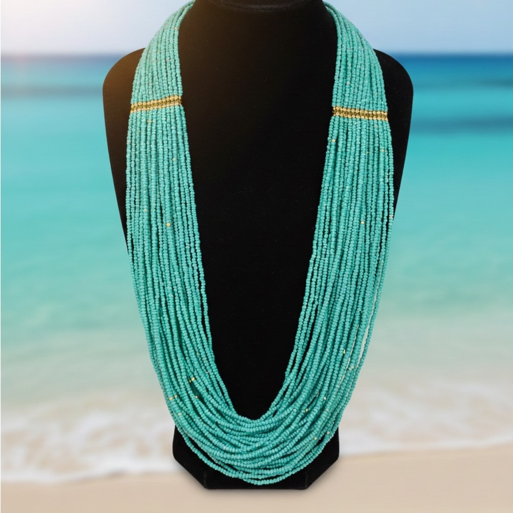 Source Unknown Long Turquoise Multi-Strand Beaded Necklace with Gold Accents